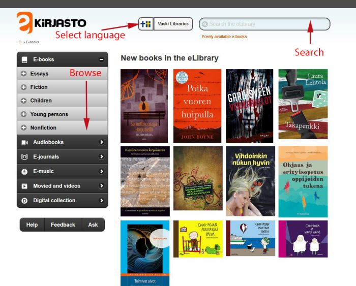 Screenshot of the e-library front page